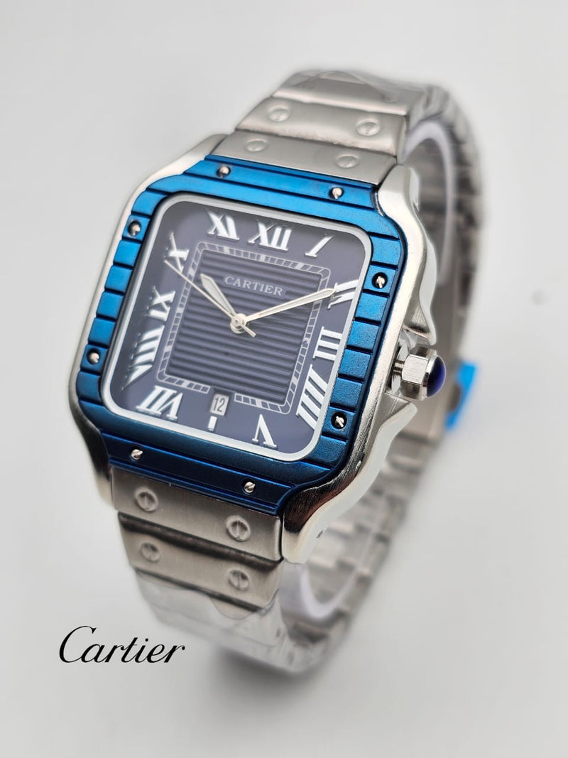 RELOJ CARTIER PLATEADO + FONDO AZUL